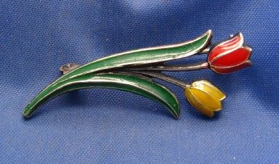 Vintage Silver & Enamel Tulip Flower Pin marked 835  