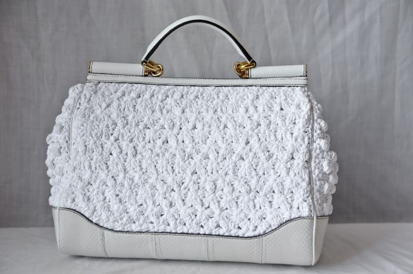 DOLCE & GABBANA White CROCHET+SNAKESKIN*MISS SICILY*Top Handle Bag 