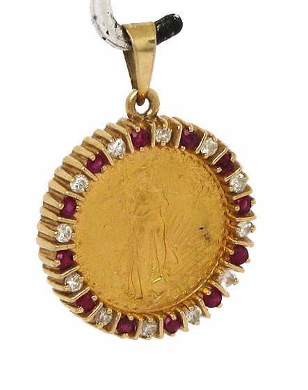 14K GOLD, DIAMONDS & RUBIES 22K GOLD US COIN PENDANT  