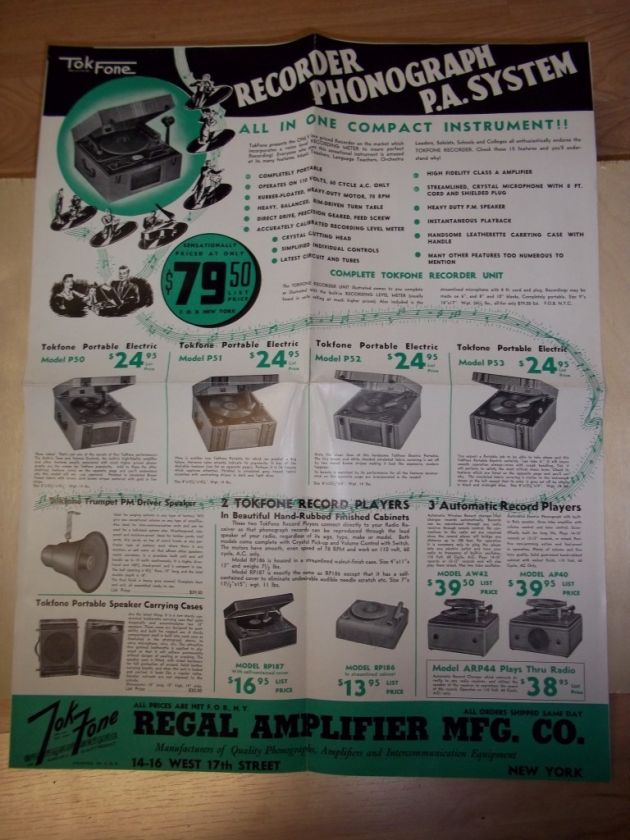 Vtg Regal Amplifier Co Catalog~TokFone Phonograph/P.A.  