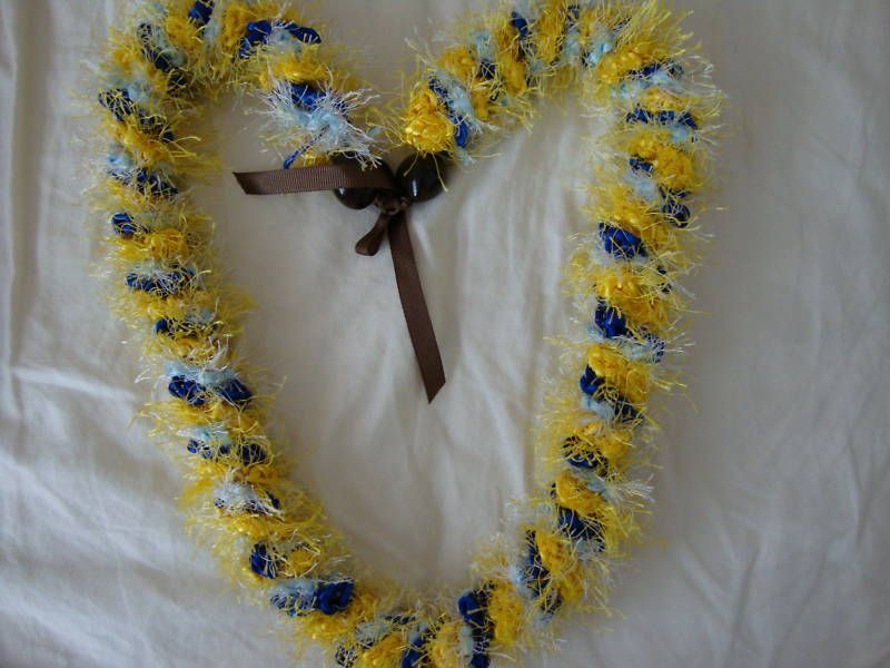 Graduation Wedding Crochet Blue/Yellow Ribbon Yarn Lei  