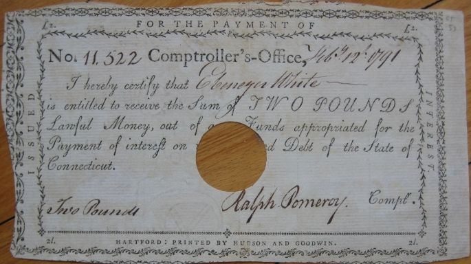 1791 State of Connecticut Two Pound Note  Ralph Pomeroy  