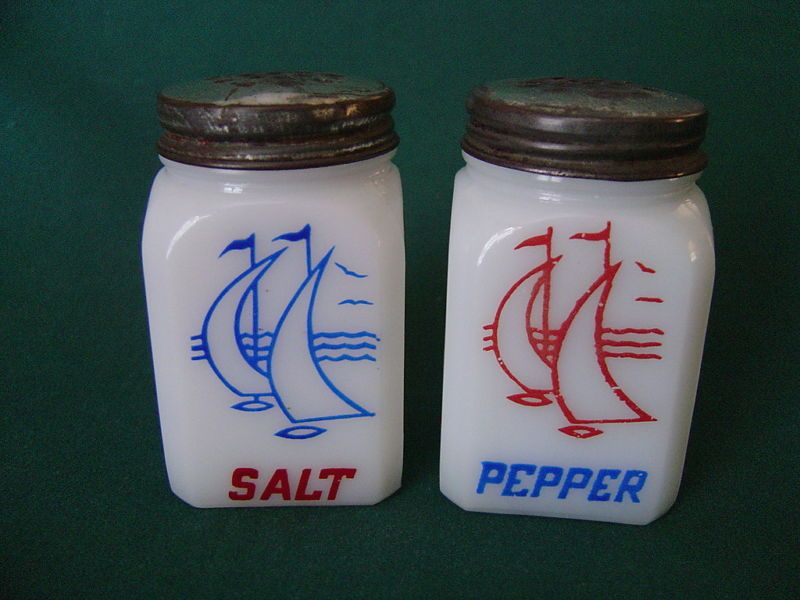 SAILBOAT SALT PEPPER GLASS SHAKERS LIDS VINTAGE MCKEE  