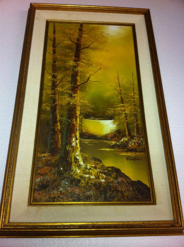   painting G. Whitman gold color creek forest vertical 30 x18  
