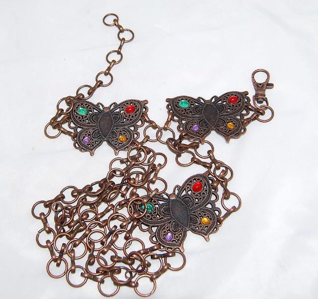 Bronze Colored 3 Butterfly & Rhinestone 2 Chain Belt  