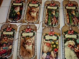 VINTAGE LACE SANTAS ~12 VINTAGE GRUNGY TAGS~ZNE~FOLK~  