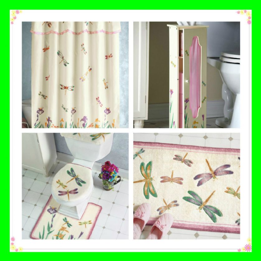 DRAGONFLY SHOWER CURTAIN BATH TOILET COVER RUG TP HOLDER FLOWER FLORAL 