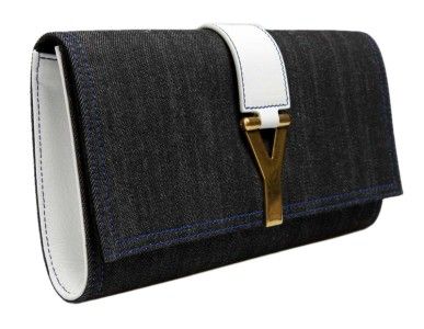 YSL Yves Saint Laurent Large CHYC Clutch in Denim White Leather Purse 