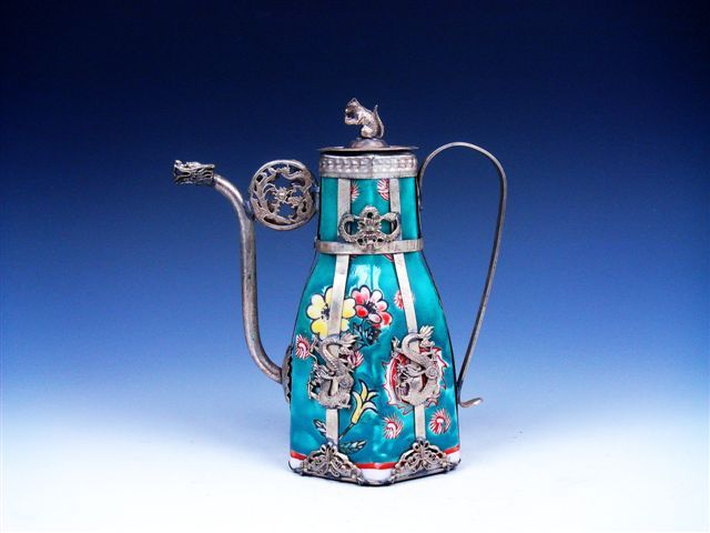   Tibetan Silver Copper Dragons Overlay Teapot Mouse Lid Dragon  