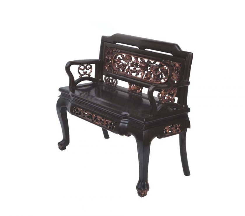 ChaoZhou Antique Rose Wood Flower Bird Gold Carving Love Seat WK2113 