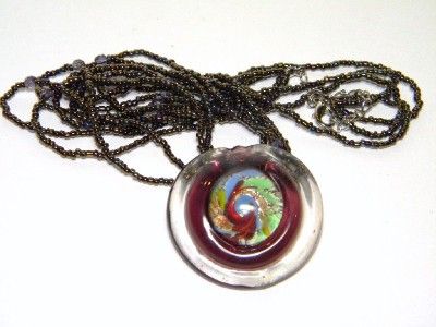   GLASS BURGUNDY /SILVER PENDANT BLACK TINY INDIAN BEADS NECKLACE  