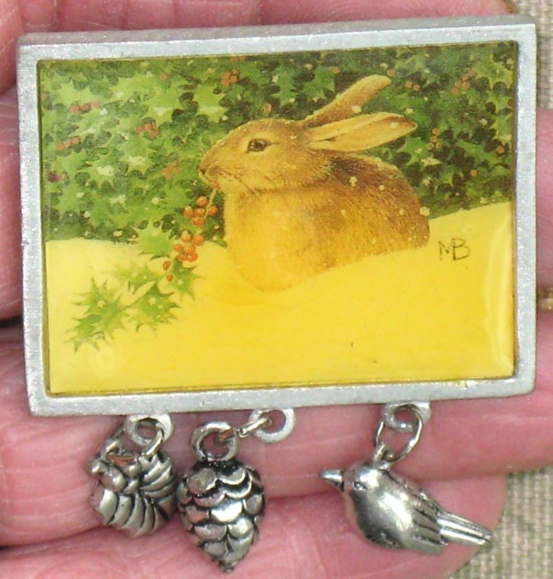   MARJOLEIN BASTIN CHRISTMAS BUNNY RABBIT PEWTER CHARMS PIN BROOCH