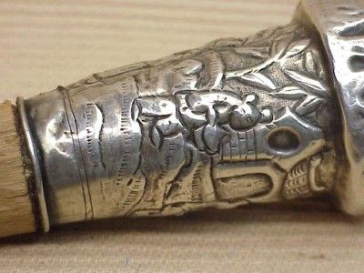   ANTIQUE STERLING SILVER WALKING STICK CANE TOP ASIAN REPROUSSE SCENE