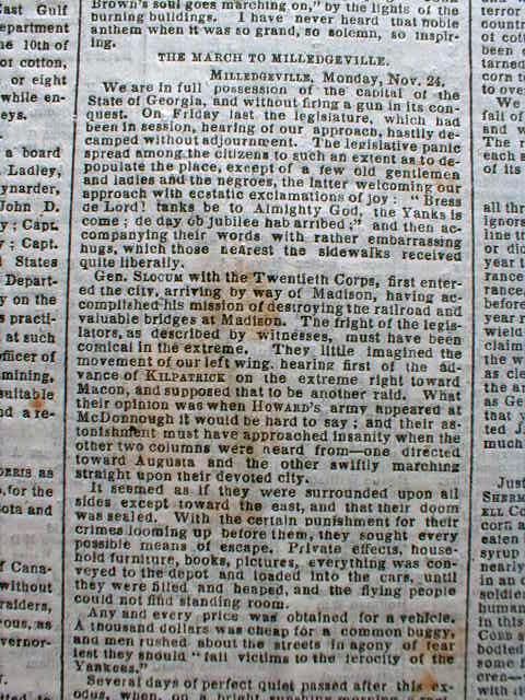   War newspaper SHERMANS MARCH THROUGH GEORGIA NY Times LONG & DETAILED