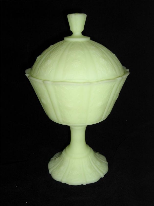 Fenton Satin Vaseline Pedestal Candy Dish With Cover  