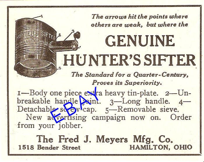 1912 FRED MEYERS HUNTERS SIFTER AD FLOUR HAMILTON OH OHIO  