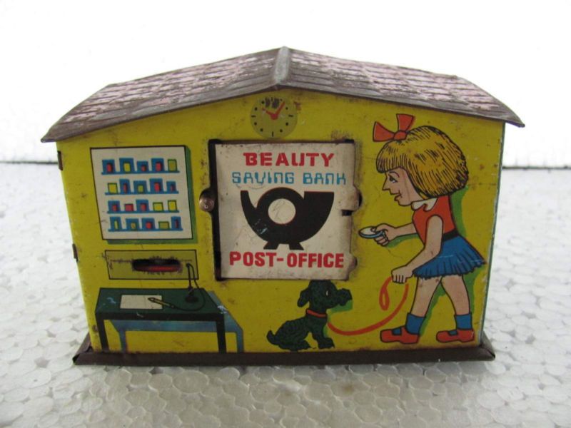 Old Litho Print Post Office Money Bank Tin Box  