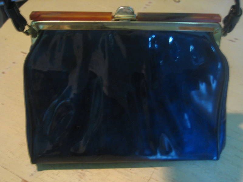 VINTAGE 50S 60S BLUE BLACK PATENT LEATHER PURSE  