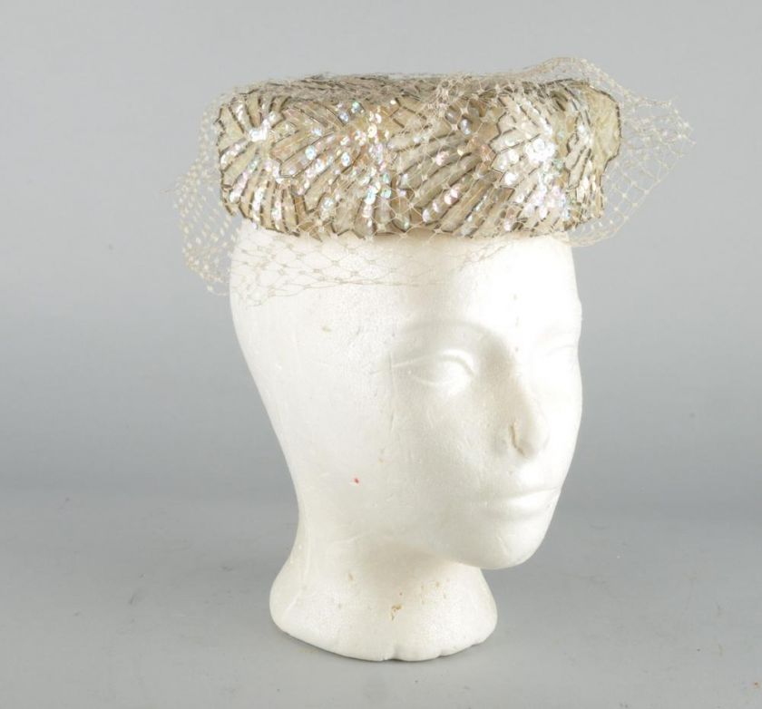   1950s White Sequined & Beaded Hat w/ Birdcage Netting & Hat Box  