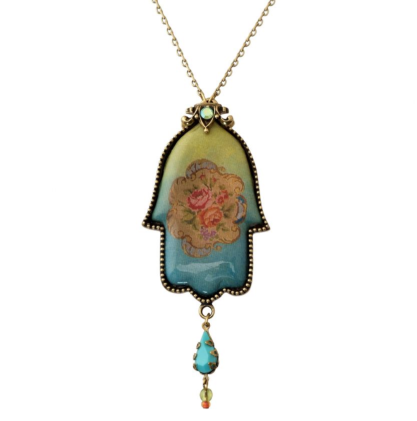 Michal Negrin Vintage Roses Print Hamsa Pendant w Crystals & Dropp 