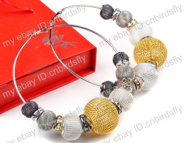 Basketball Wives Inspired Mesh Rhinestone Beads Spacer Hoops Earrings 