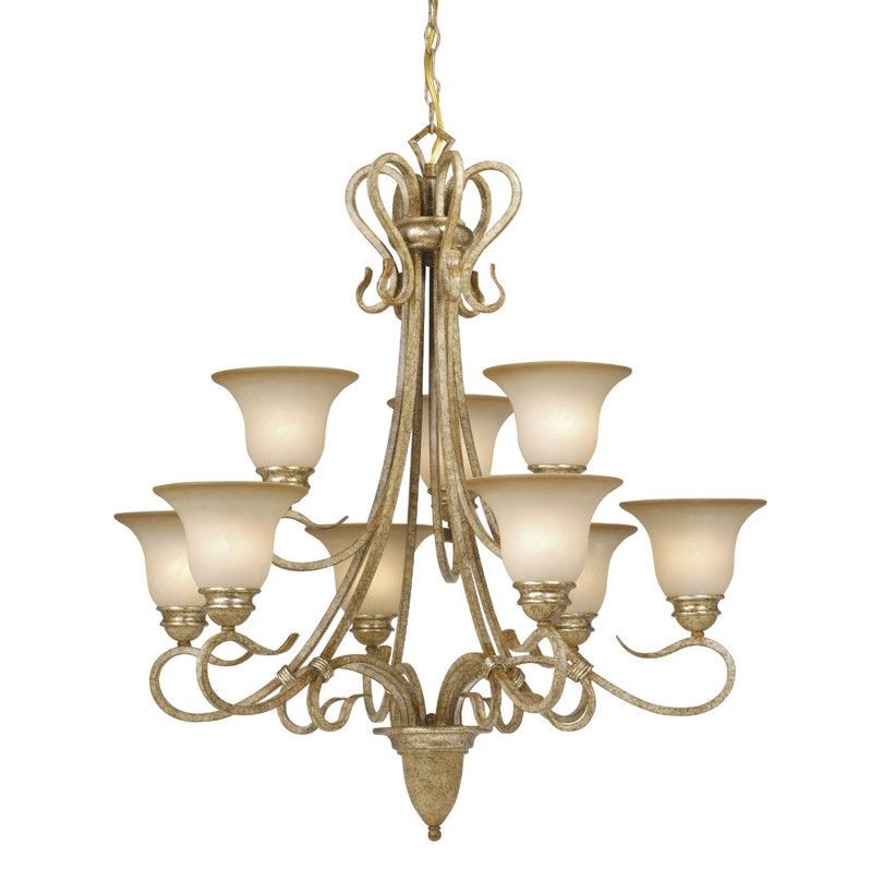 NEW 9 Light Chandelier Lighting Fixture, Gold Brass Patina, Waikiki 