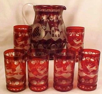   CASTLE WATER SET PITCHER 6 TUMBLERS Egremann Bohemian Art Glass  