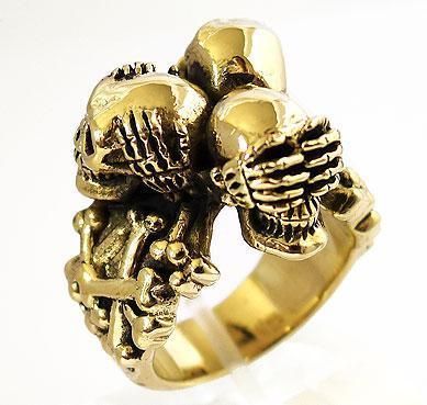 BIG THREE WISE MONKEY SKULL GOLD BRASS MENS RING Sz 10  