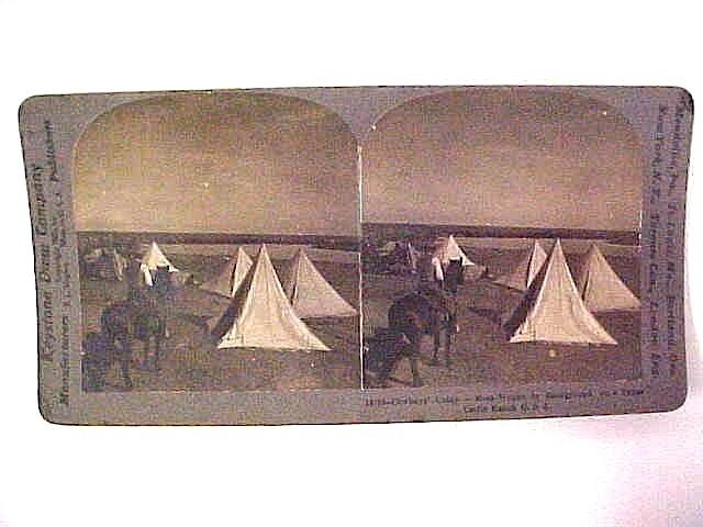 STEREOVIEW COWBOYS CAMP WITH MESS WAGON IN BACKGROUND, ON A TEXAS 