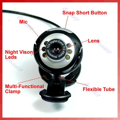 USB 30.0M 6 LED PC Laptop Video Web Cam Webcam + Mic  