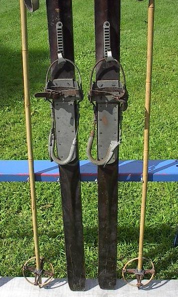 VINTAGE Wooden Skis 75 Long + OLD Bamboo Poles ANTIQUE  